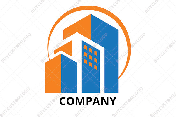 blue and orange high rise building logo