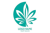 cyan and white semi circle with a weed logo