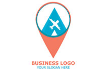 mountain, location pin and aeroplane logo