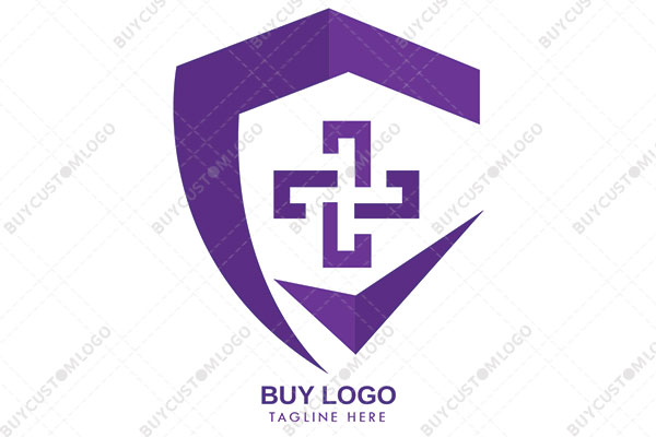 abstract red cross in a shield with checkmark logo