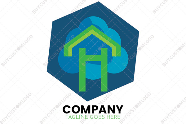 letter h, clouds and hexagon logo