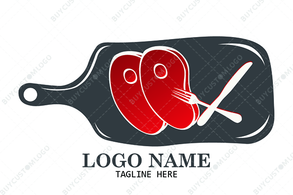 abstract steak, meat board, knife and fork logo