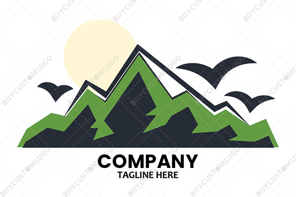 mountain, sun and birds logo