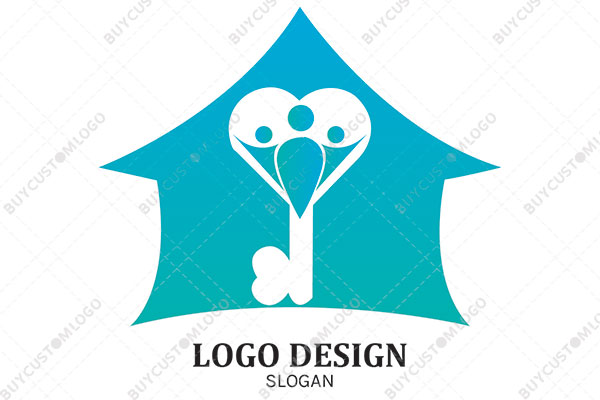 abstract persons and heart key in a hut logo