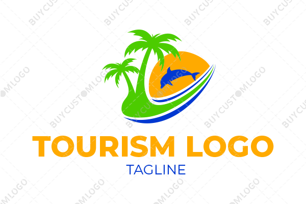 An Island with Palm Tree’s, Ocean, Dolphin, and Horizon Logo