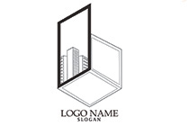 laptop cube window and building logo