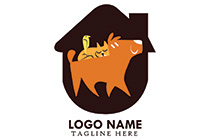 happy cow, cat and bird in a house logo