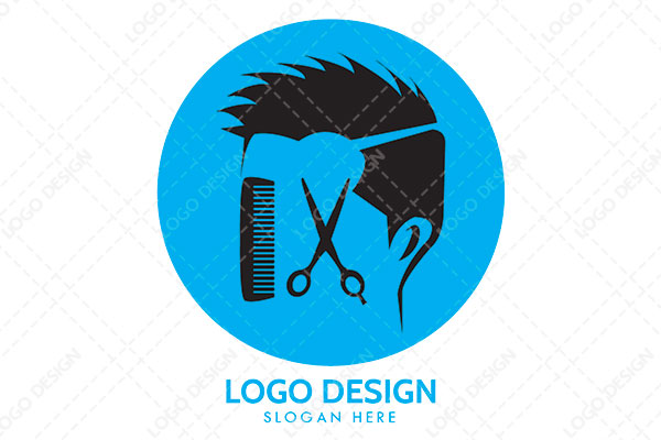 A Circle Abstract within it Feature of Men Hairstyle, A Comb and a Scissor 