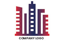 buildings and tower red and blue logo