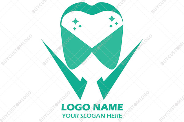 sparkling tooth mascot with ticks logo