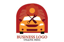 abstract garage with cars and hardware tools logo