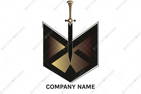 heraldic sword and shield black and golden logo