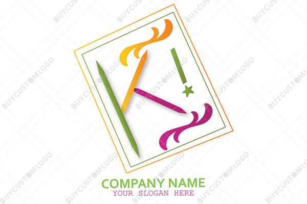 exciting letter k colour pencils notebook frame logo