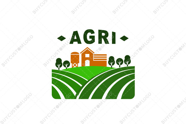 house, water tank tower and trees on fields logo