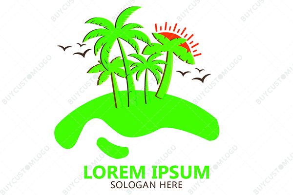 An Island with Palm Trees and Sunset Logo