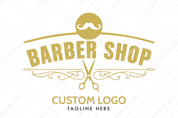 Barber Shop Logo Name with Mustache Above, and Scissors Underneath Logo
