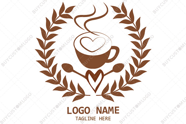 latte coffee cup with heart mascot and herbs logo