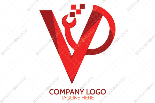 letters v and d or v and o spanner and pixels logo