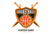 Abstract of a Shield within it a Basket ball and Swords in the Background Logo
