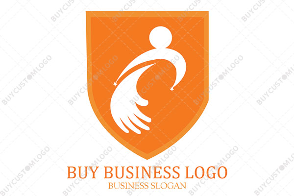 abstract person and hand in a shield logo