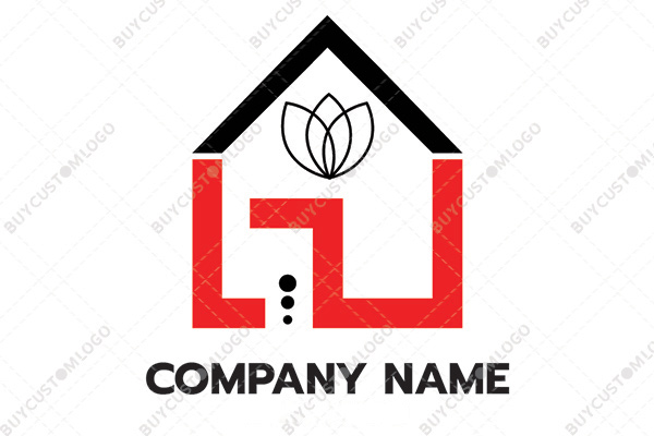 blooming flower and hut construction logo