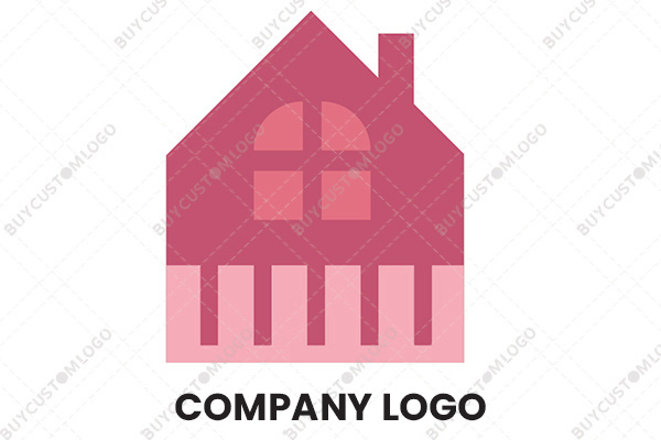 pink hut with fence, chimney and window logo