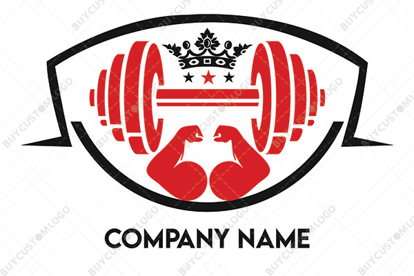 crown, dumbbell and muscular arms logo
