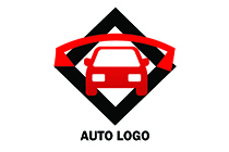 car and garage in rhombus seal logo