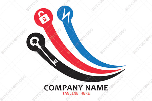key, lock and bolt in abstract circular lines logo