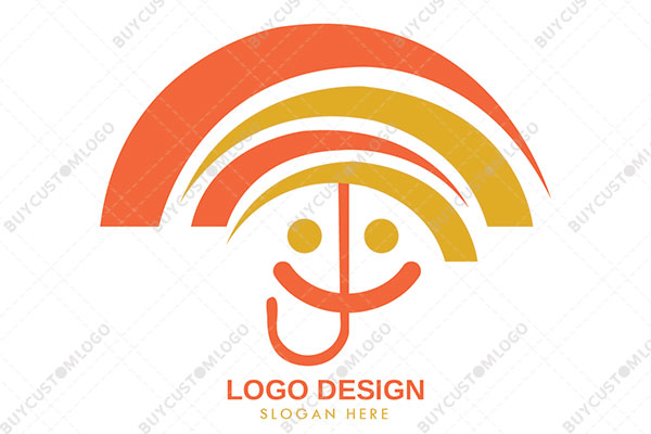 smiley face under an abstract umbrella logo